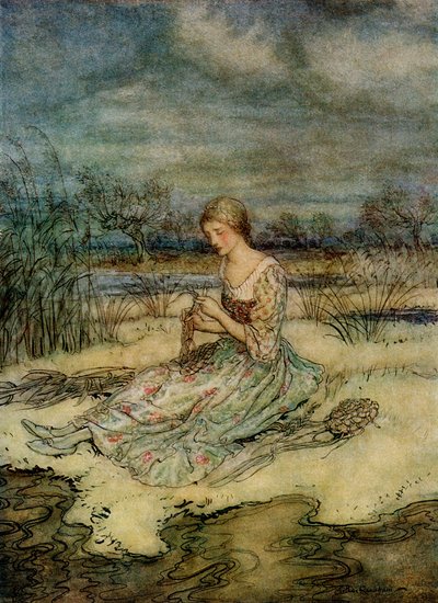 She sat down and plaited herself an overall of rushes and cap to match, from English Fairy Tales Retold by F.A. Steel, 1927 by Arthur Rackham